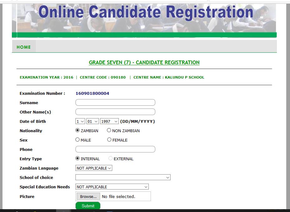 Figure 59: Grade 7 Candidate Registration After selecting the correct details, the candidate s examination number is