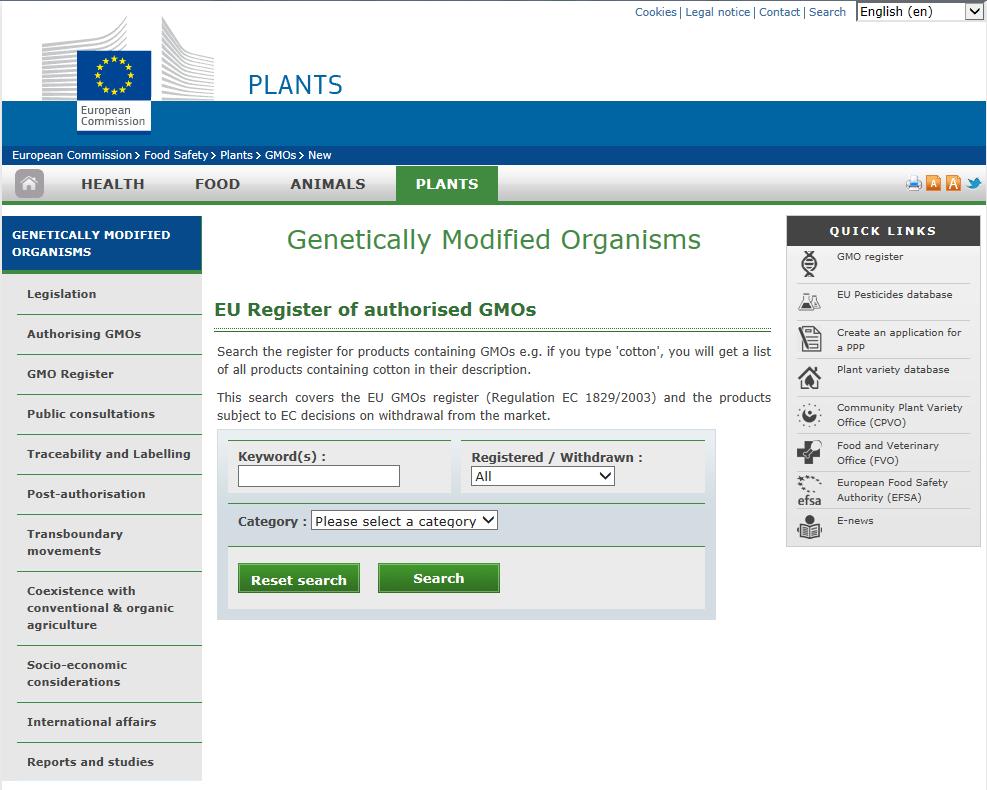 The EU Register of authorised GMOs http://ec.