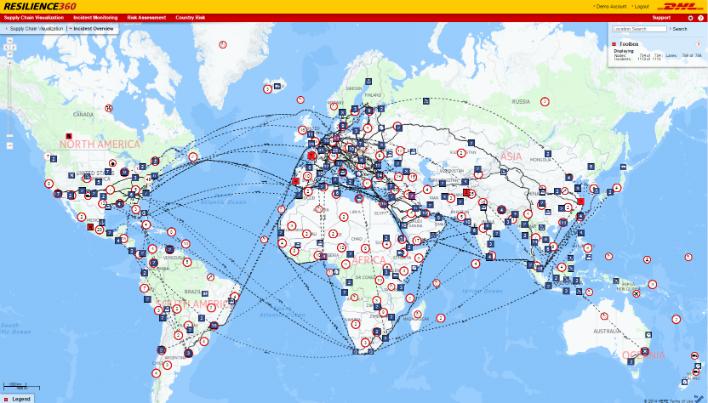 DHL RESILIENCE 360 Our incident monitoring platform enables real-time tracking of incidents capable of disrupting our supply chain by monitoring the entire supply base - our lanes, nodes, plants,