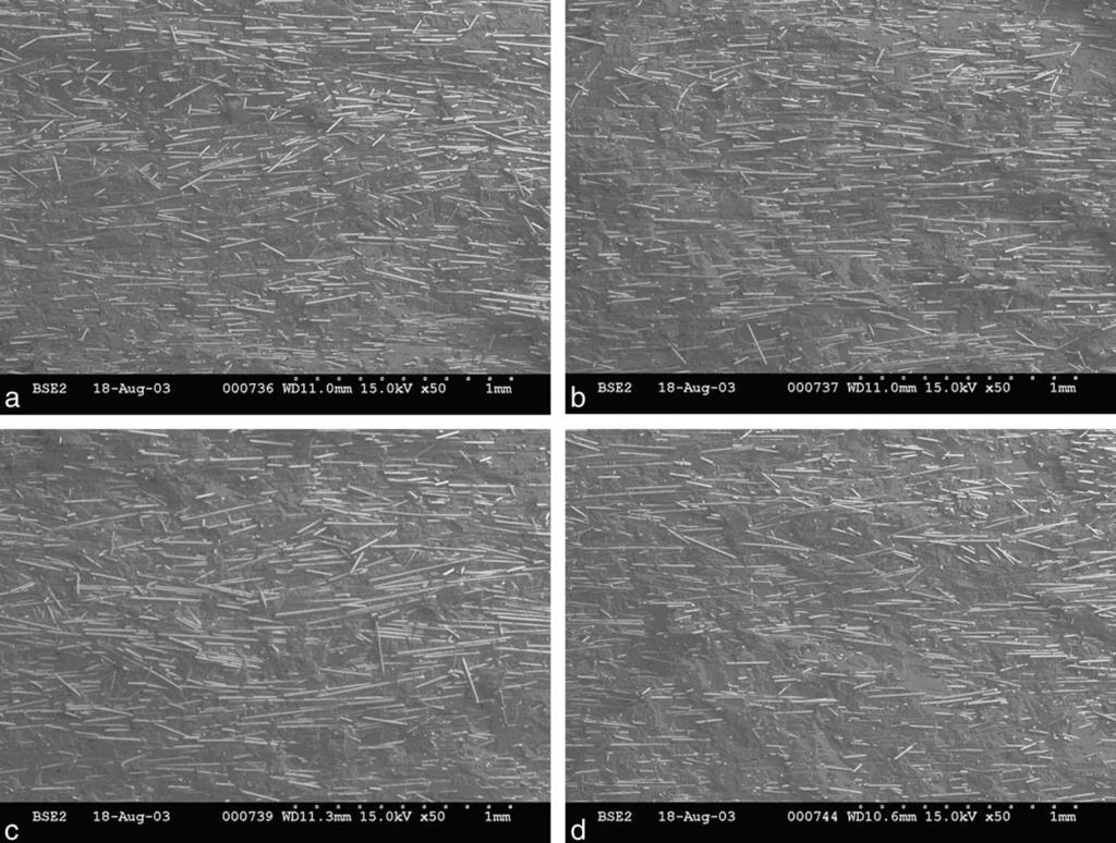 FIG. 9. SEM micrographs of fatigue fracture surfaces of specimens containing weld line (i.e., WL specimens); (Hold pressure and melt temperature are (a) 27.6 MPa, 3328C, (b) 82.8 MPa, 3108C, (c) 55.