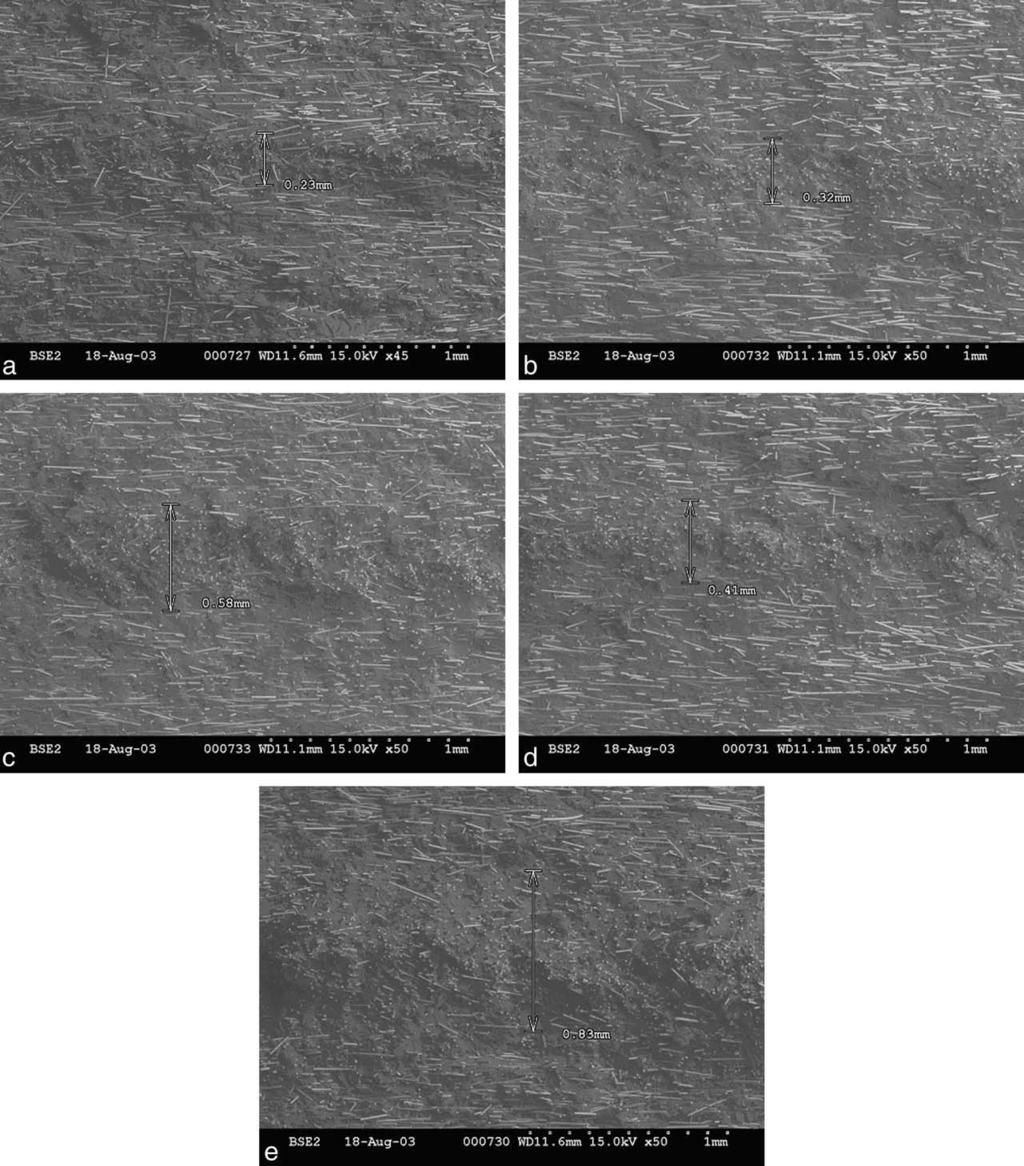 FIG. 10. SEM micrographs of fatigue fracture surfaces of specimens normal to the flow direction (i.e., W-direction specimens); (Hold pressure and melt temperature are (a) 27.6 MPa, 2808C, (b) 27.