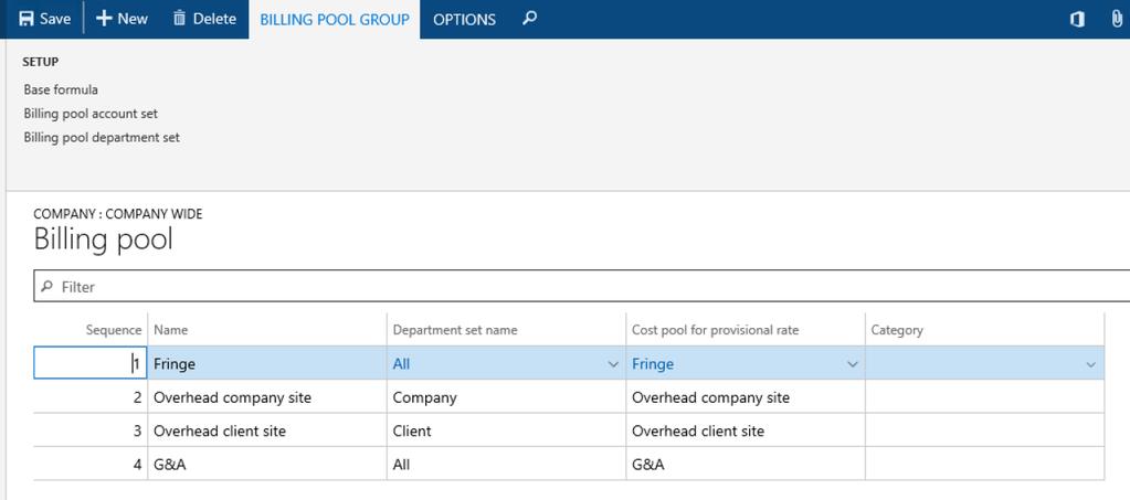 Select Billing Pool to open the billing pool setup screen and setup your pools. Sequence: The next consecutive pool number available globally will be auto-generated.