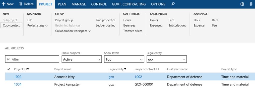 Projects Govt. Contracting, Dynamics 365 Operations DYNAMICS Project type to Govt Contract Types: When creating a Govt.