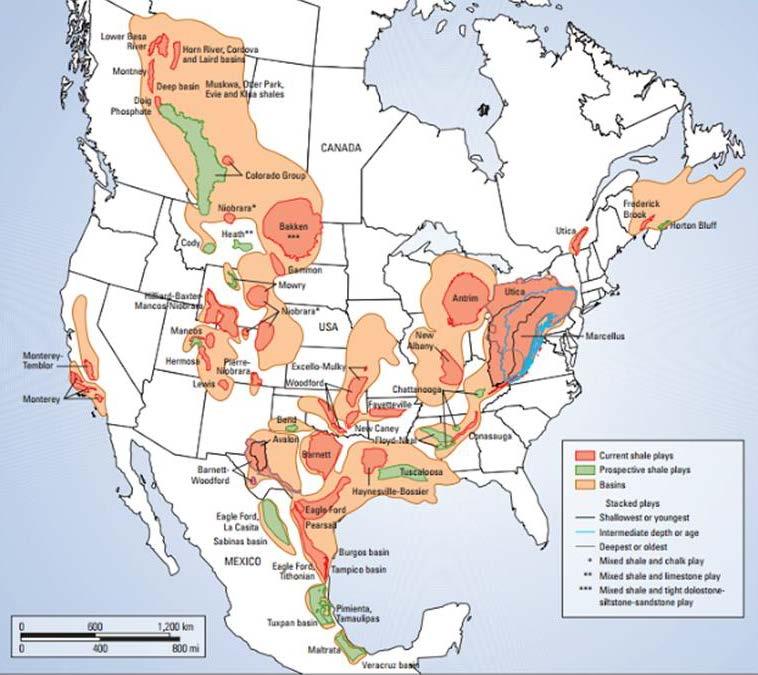 North American Shale Resources Shale oil and gas resources are largely east of the Rockies.
