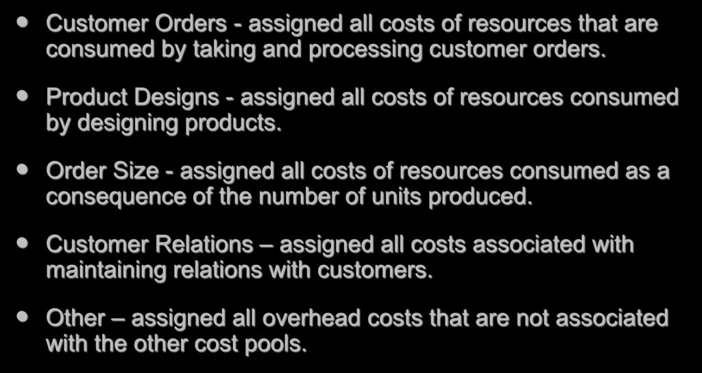 Identify and Define Activities and Activity Cost Pools Customer Orders - assigned all costs of resources that are consumed by taking and processing customer orders.