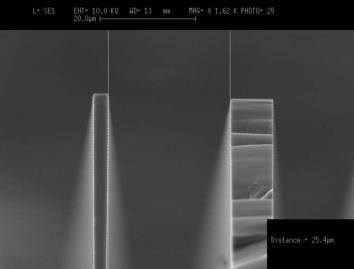 Figure 7 : SEM image of vertical thin walls with here a 3µm wide and 84µm high wall (aspect ratio 1:28). 2. Silicon processing limits Figure 8 : high magnification SEM image of vertical pillars.