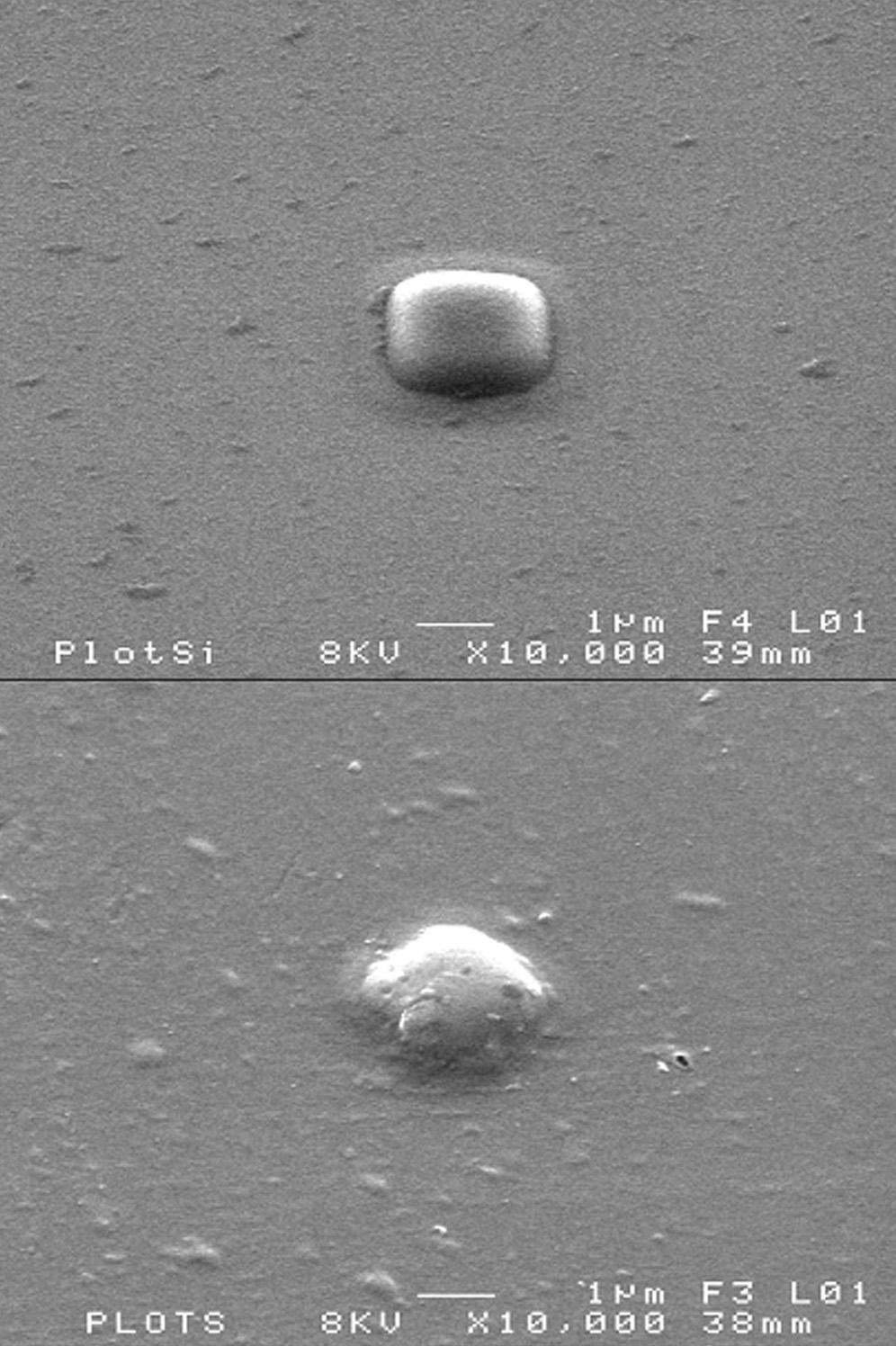 4 M Denoual, P Mognol, and B Lepioufle Fig. 4 SEM images of a submicrometre oxide dot and its replication in resin below.