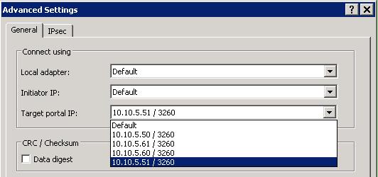 12. In the Connect To Target dialog, check Enable multi-path and click Advanced. 13. This time, select the next IP address of the iscsi LIFs from the Target Portal IP pull-down.