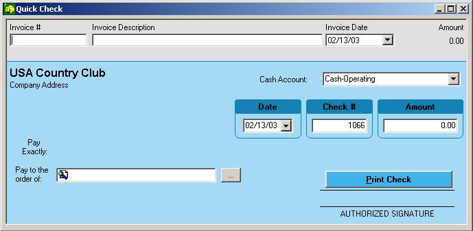 Quick Checks Quick checks are instant checks the system generates and prints without an invoice. This is very useful for COD s and other situations when a check must be cut immediately.