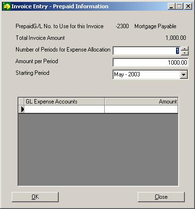 26. Click OK. The Invoice Entry- Prepaid Information window appears. 27. In the Number of Periods for Expense Allocation field, type the number of periods to apply this prepaid invoice. 28.