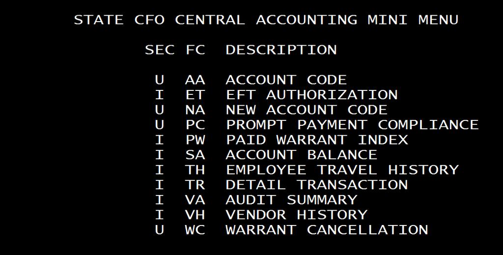 State CFO Central Accounting Menu Enter SC in the type field