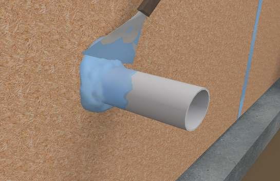 STEP 4 Caulk the penetration with PolyWall Blue Barrier 2200 Joint Filler and be sure to carry it on to the penetration itself 2 to 4-inches.
