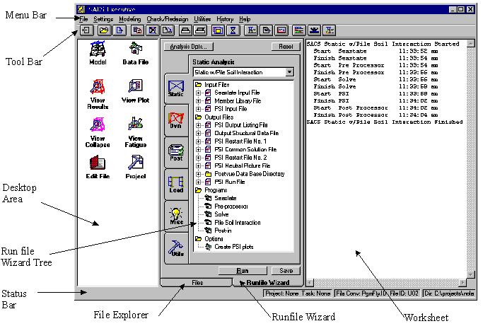 The main screen of SACS computer program : Figure 3.1 SACS Console 3.2 IN-ELASTIC STATIC ANALYSIS 3.2.1 USFOS In analyzing pushover conditions we use another program besides SACS, we use USFOS.