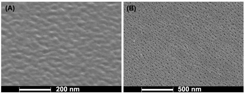 87 Figure 4.4: SEM images showing the surface of the Al film after chemical mechanical polishing (A) and the top surface of the same film after anodization at 25 V in 0.3 M oxalic acid at 5ºC (B).
