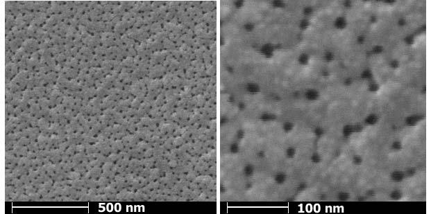 88 Figure 4.5: SEM images showing the top surface of an Al film anodized in 0.3 M oxalic acid at 5 C and an applied voltage of 25 V (A), and a higher magnification image of the top surface (B).