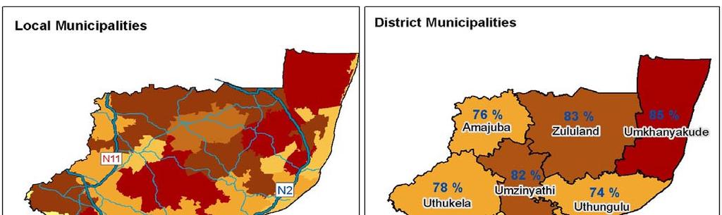 Figure 4 The Spatial Distribution of poor households within KwaZulu-Natal, 2001 Source: This study based on 2001 census data from Statssa.