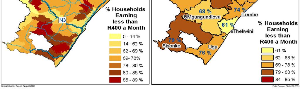 The district municipality that has the greatest proportion of poor households is Umkhanyakude followed by Zululand, Umzinyathi and Sisonke.