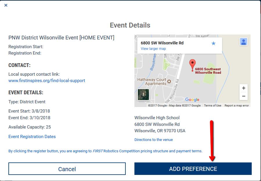 Event Details pop-up will appear. Verify that this is the correct event. If yes, click Add Preference button.