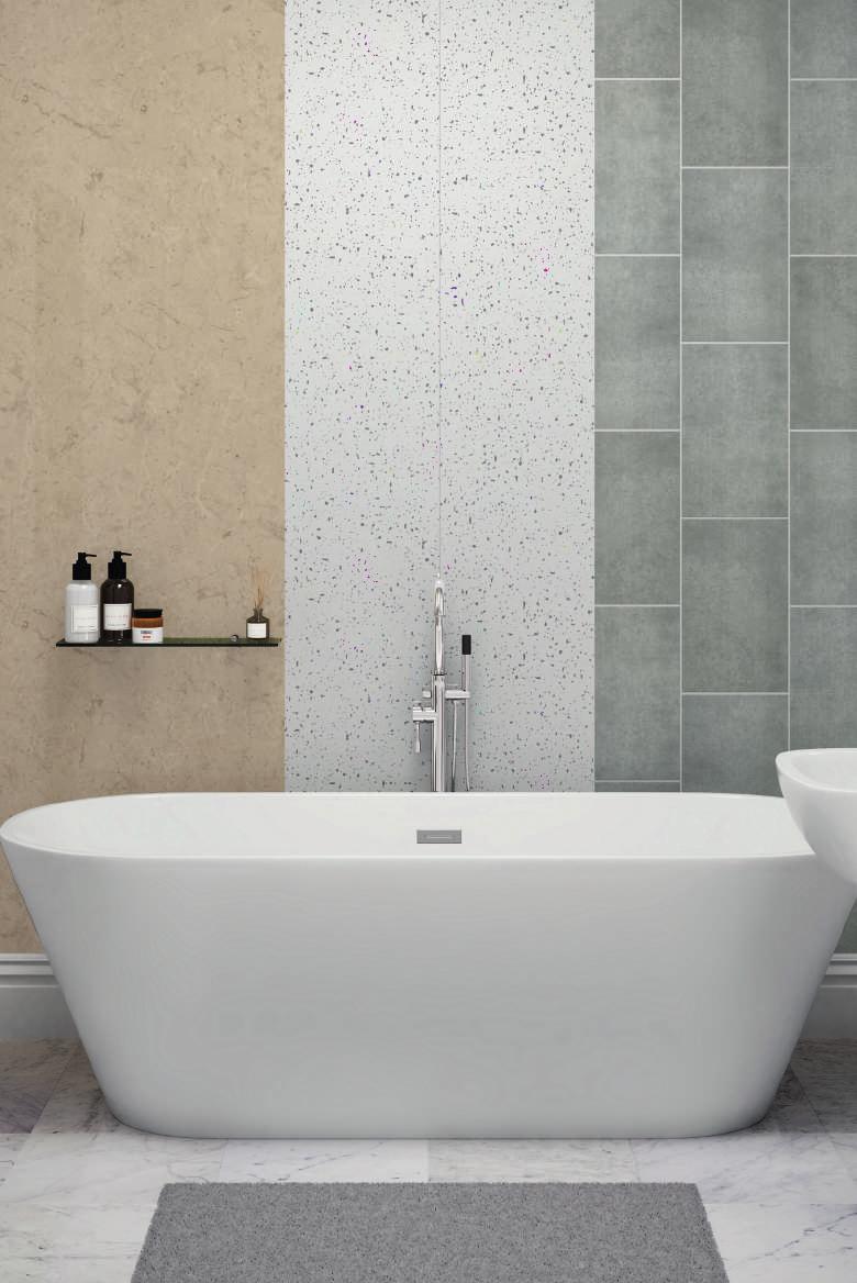 SURROUND YOURSELF IN Splashpanel Sand Marble Proplas White Sparkle Proplas Tile Stone Grey 100% WATERPROOF Suitable for wet areas COST EFFECTIVE Value alternative to tiling FAST FIT Quick, easy fit,
