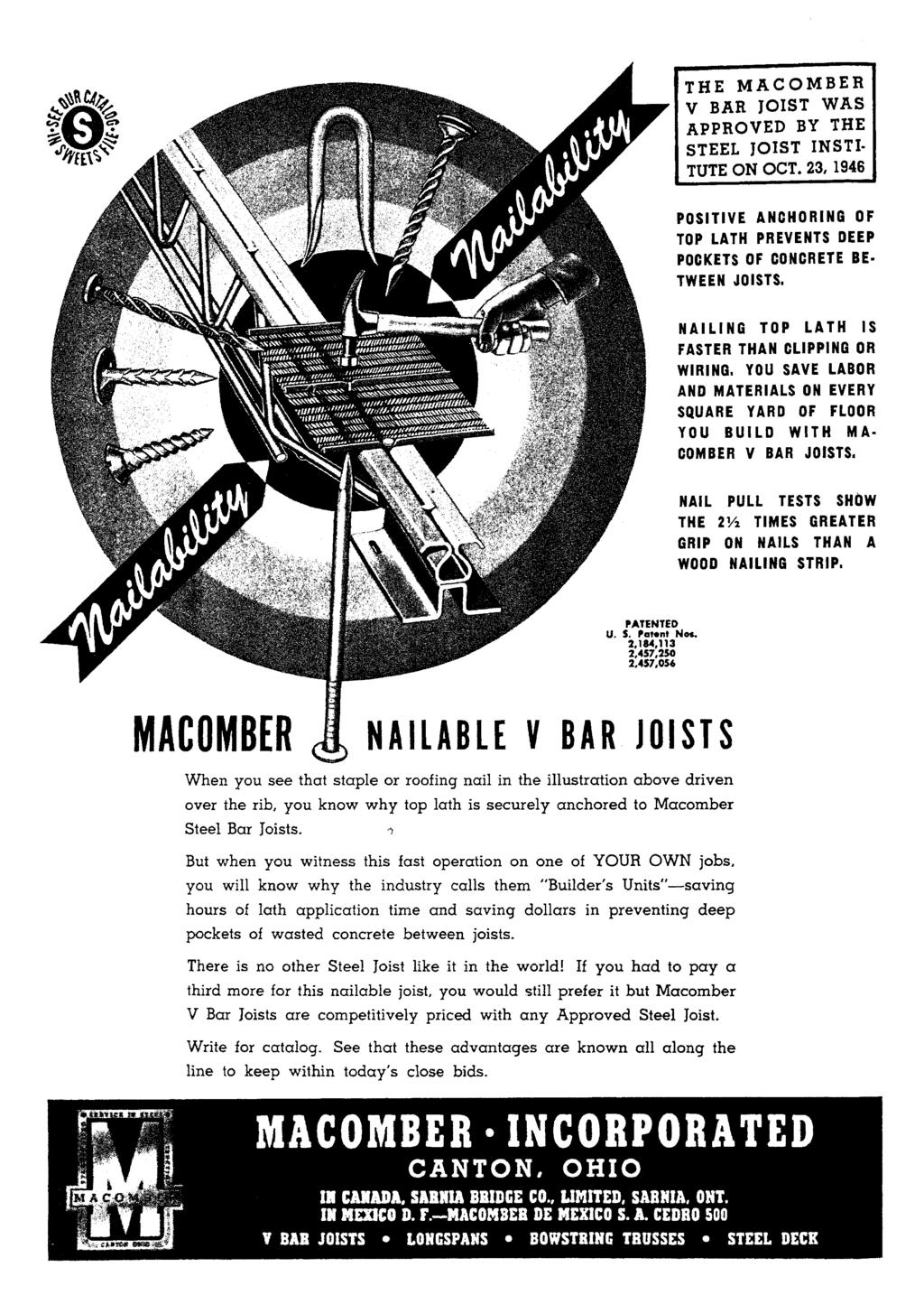 THE MACOMBER V BAR JOIST WAS APPROVED BY THE STEEL JOIST INSTI- TUTE ON OCT. 23, 1946 POSITIVE ANCHORING OF TOP LATH PREVENTS DEEP POCKETS OF CONCRETE BE- TWEEN JOISTS.