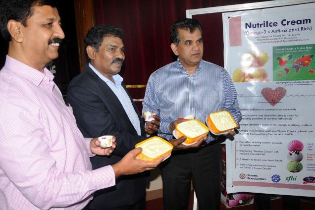 Niti Ayog CEO Amitabh Kanth launched NutriIce Creams on the CFTRI campus in the presence of CFTRI Director Ram Rajashekaran and Balaraju, director, Dairy Ice Creams.