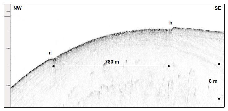 105 of 279 Figure 4-21 Line 009_1 profiler data, seabed scour The most extreme area of scour is located in the west of the area affecting an 11 km wide swathe of the upper slope in water depths