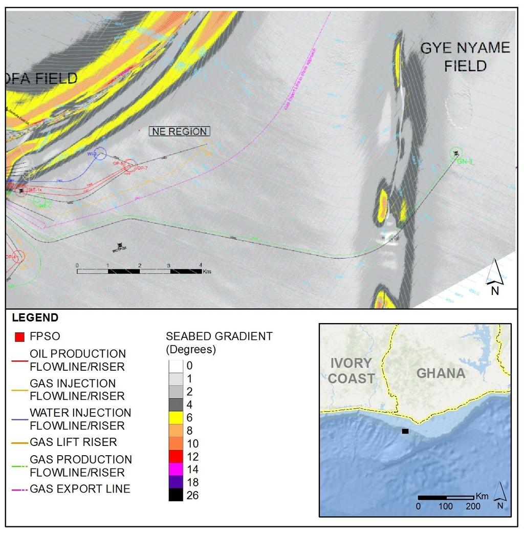 44 of 279 Figure 2-11 OCTP proposed subsea layout plotted on the slope Gye Nyame field For additional details on subsea production systems, flow assurance / production chemistry, or transport and