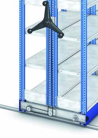 Mobile Shelving Operating System Characteristics MECHANICAL MANUAL The movement is transmitted from the crank wheel to the wheels through a system of cogwheels and an axle, connected by transmission