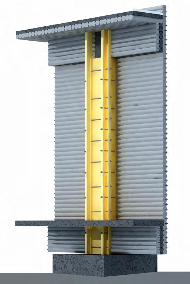 Wall elements are fitted into a pre-fabricated steel shuttering system which forms the caston-site columns. Each column is fitted with the structurally required reinforcement.