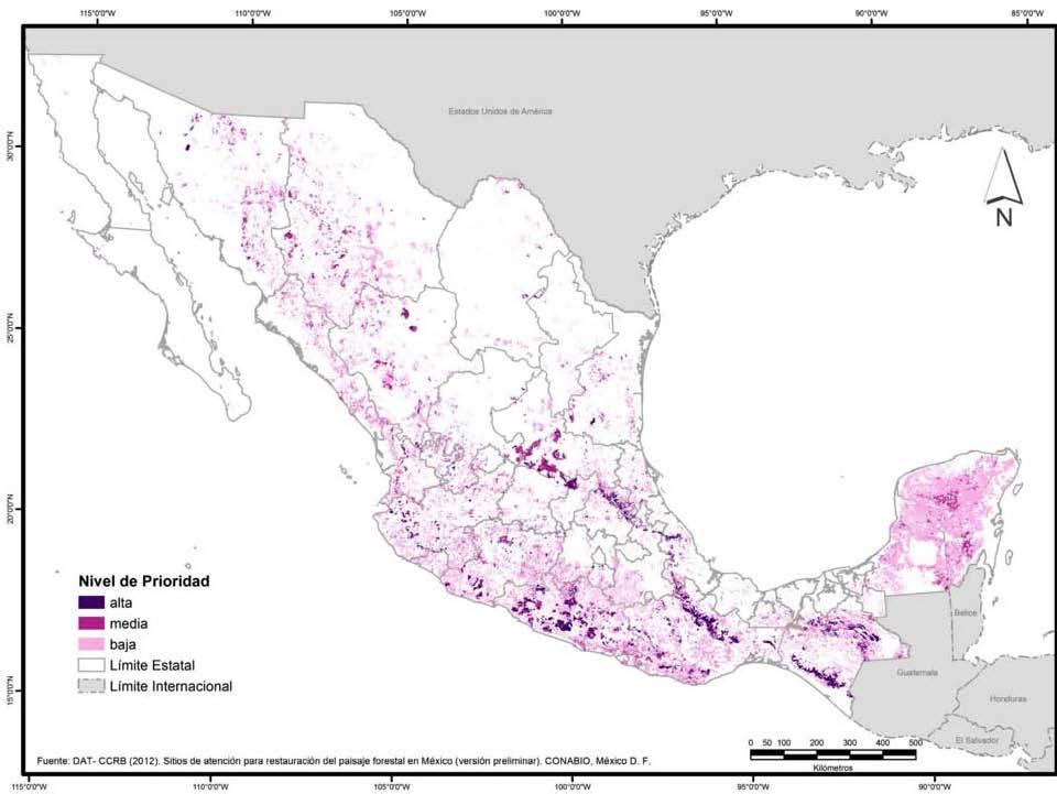 Mexico: A map showing priority areas for restoration based on multiple criteria
