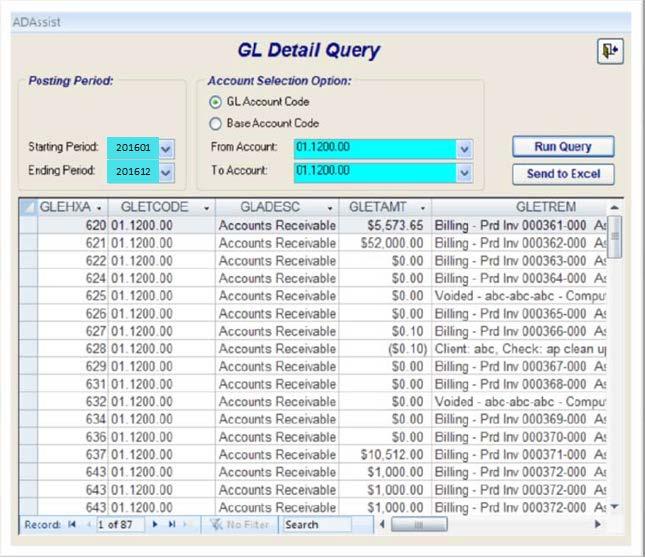 GL Entry Query The GL Entry Query found under Adassist Queries is a great tool for researching the transactions posted to a general ledger account.