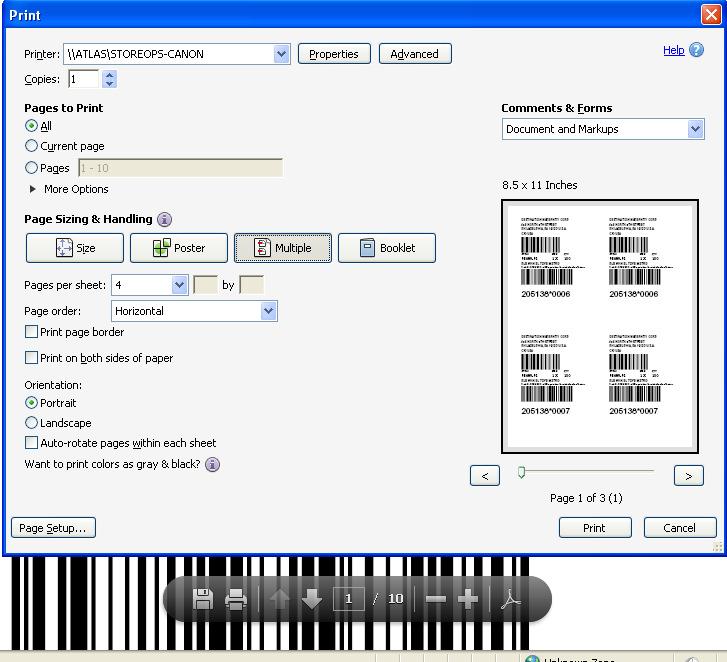 Pages per sheet select box select 4, Page Order select box select Horizontal.