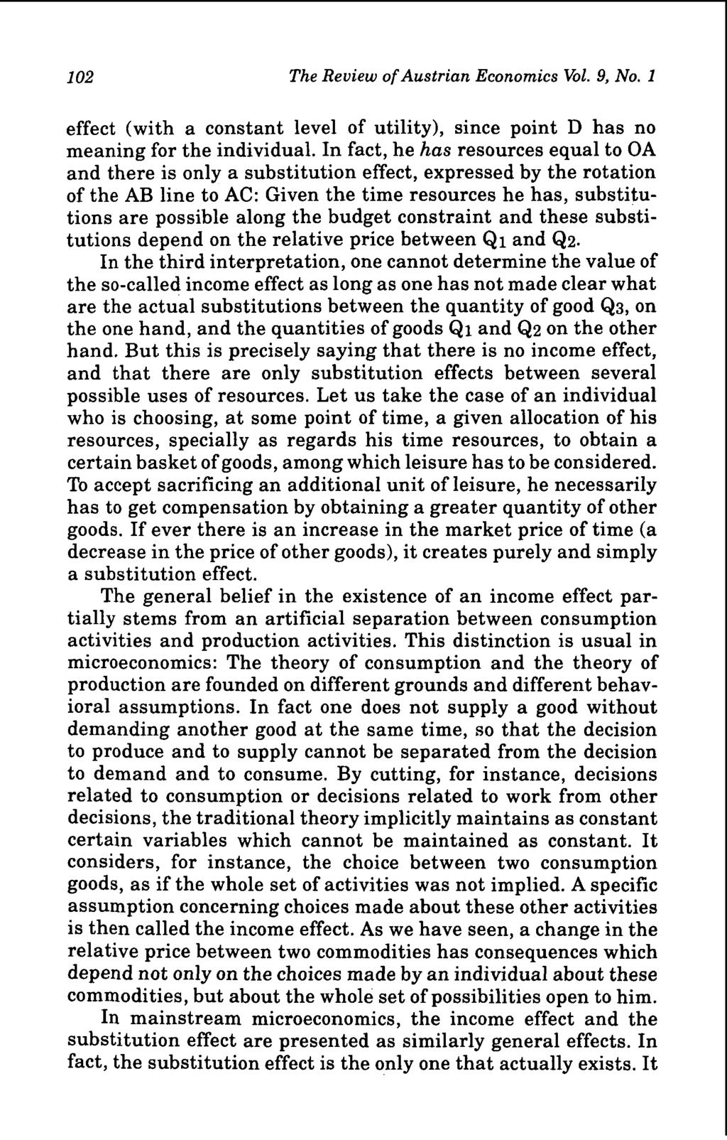 102 The Review of Austrian Economics Vol. 9, No. 1 effect (with a constant level of utility), since point D has no meaning for the individual.