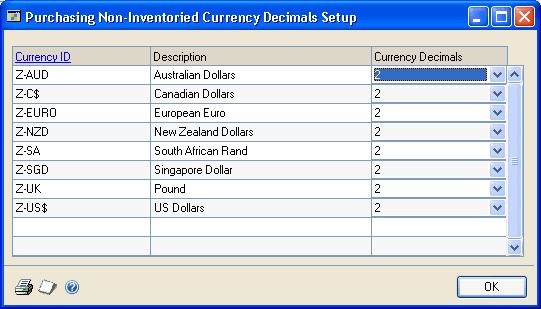 CHAPTER 1 MODULE SETUP Setting up currency decimal places for non-inventoried items Use the Purchasing Non-Inventoried Currency Decimals Setup window to define currency decimal places for