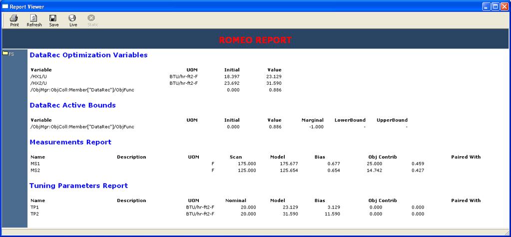 ROMeo Application Report Options Built-in text reports