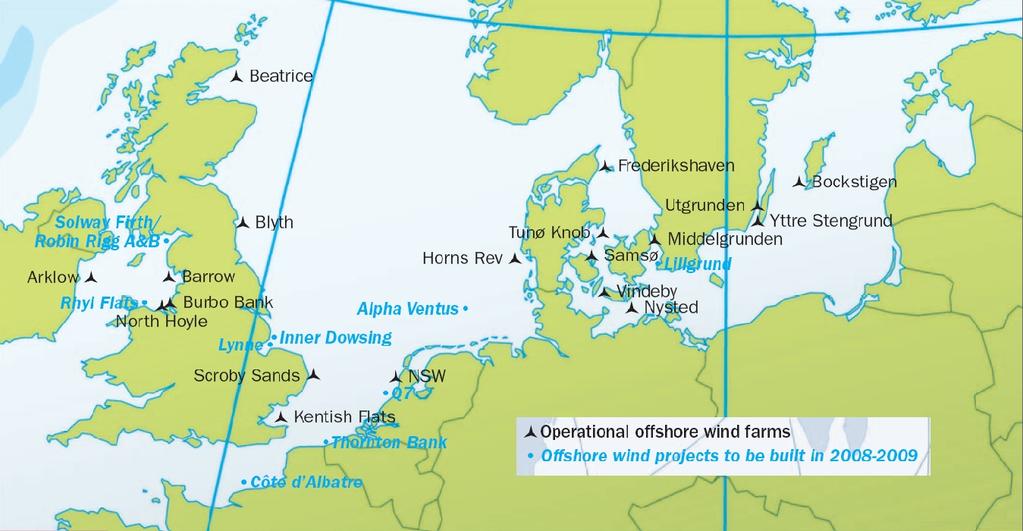 Existing Offshore Wind Turbines About 1,100 MW installed by 2007 (EWEA)