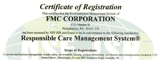 Responsible Care FMC supports the principles of the American Chemistry Council (ACC) Responsible Care program by working with our