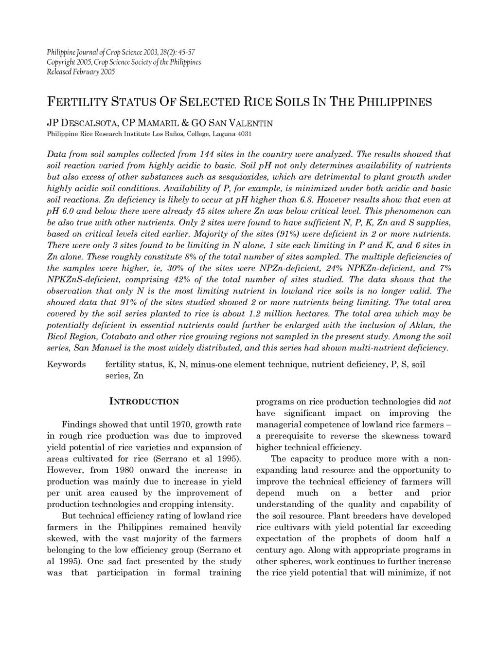 Philippine Journal of Crop Science 2003, 28(2): 45-57 Copyright 2005, Crop Science Society of the Philippines Released February 2005 FERTILITY STATUS OF SELECTED RICE SOILS IN THE PHILIPPINES JP