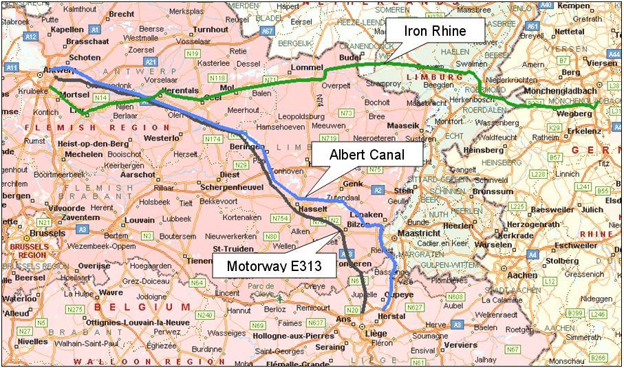 Setting[1]: E313, Albert canal and Iron Rhine The Albert canal and Iron Rhine both are potential direct competitors to the E313 motorway.