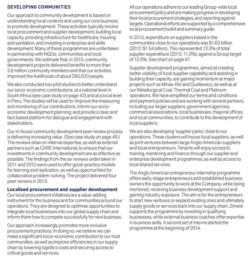 Local Procurement Public ing Trends: Canadian Mining Supplementary Edition The following excerpt from Anglo American s Sustainable Development 2013: Focused on Delivery also showcases an ideal level