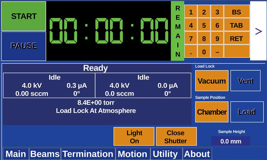 The Operator Console application user interface is available only on the premium edition Model 1060 SEM Mill.