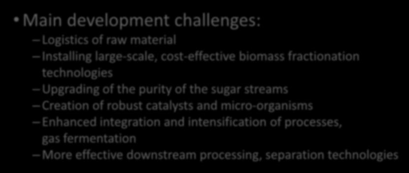 cost-effective biomass fractionation technologies Upgrading of the purity of the sugar streams Creation of robust catalysts and