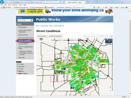 Click on Maps on the left menu of the Public Works page and then click on Street Conditions under the