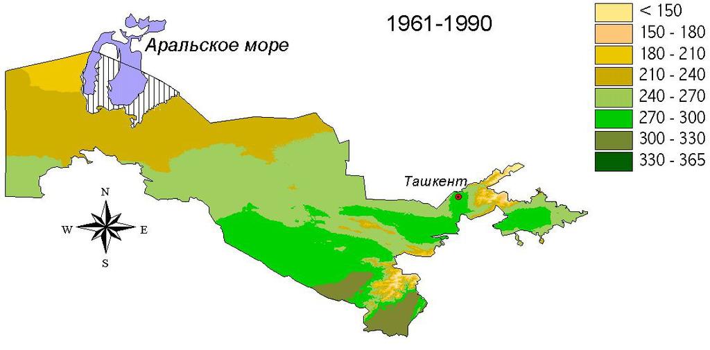 Aral sea Base norm Agriculture Aral sea 2050 Tashkent Tashkent Aral sea 2030 Aral sea 2080 Tashkent Tashkent Prolongation of vegetation period In future the considerable prolongation of vegetation