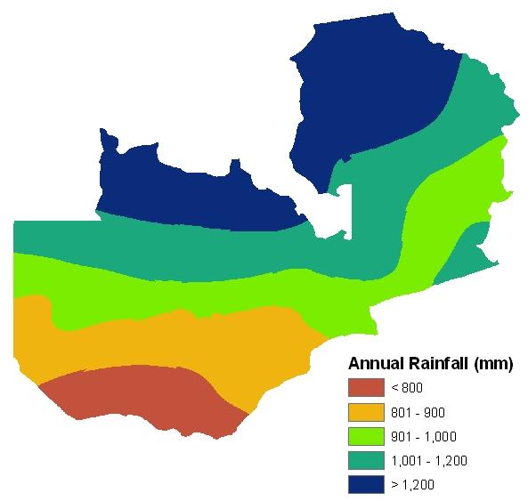Figure 2.2: Average annual rainfall, 1975-2007 Soure: Authors alulations using historial rainfall data from the Zambia Meteorologial Department.