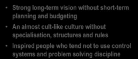 Strong Leadership and Weak Management (Kotter, 1993) Strong long-term vision without short-term planning and budgeting An almost cult-like culture without specialisation, structures and rules