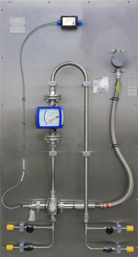 Optical Turbidity Panel (EXP) Measures turbidity of produced water at Oil Sands Location (Canada) Pictured panel uses stainless steel tubing, fittings, flowcell, and rotameter Clean/flush
