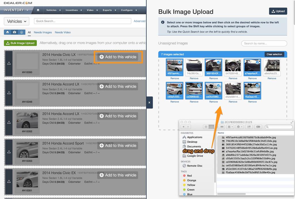 You can simply drag images onto a vehicle row to upload or click the Bulk Image Upload button to upload images for multiple vehicles