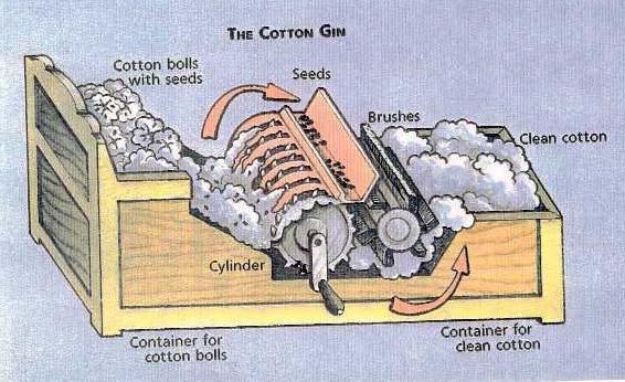 Eli Whitney Cotton Gin Cotton seeds difficult to remove by hand, 1 person could clean 1 pound of cotton per day