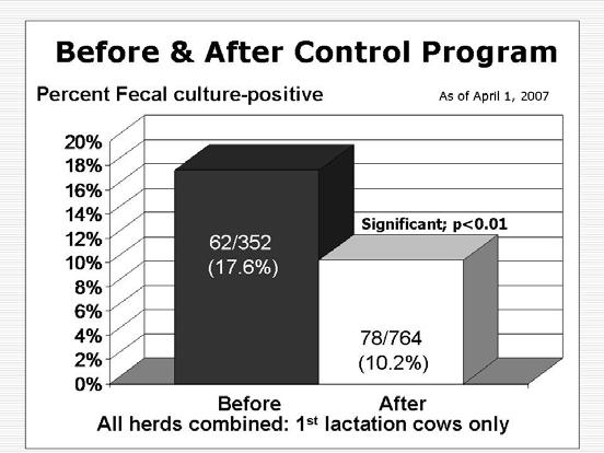 The same comparison of 1 st lactation cows based on fecal culture results provides independent confirmation that the Johne s disease control program is effective (see adjacent figure).